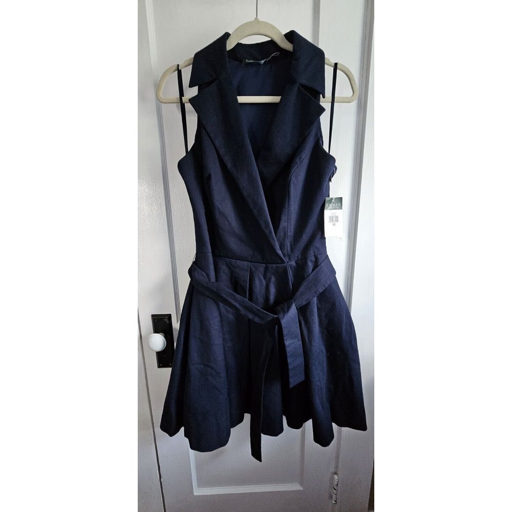 NWT LRL Royal Navy sleeveless Lapel Neck twill cotton Women Pleated dress sz 12
